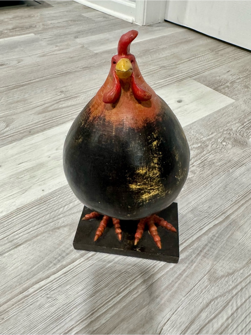 Rustic Folk Art Style Round Body Rooster Figurine on Stand Farmhouse Decor